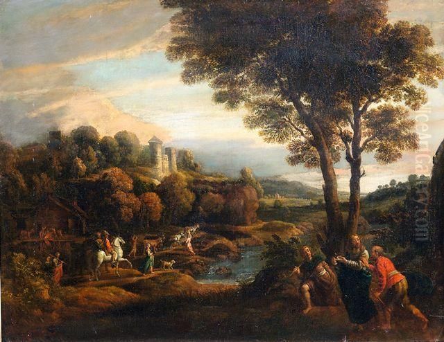 Bewaldete Flusslandschaft Mit Christi Gang Nach Emmaus Und Zahlreicher Figurenstaffage Oil Painting by Claude Lorrain (Claude Gellee)