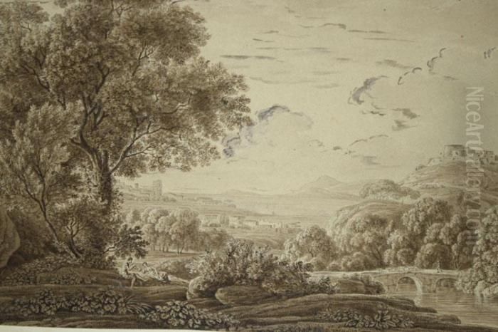 Landscape With Figures, Stone Bridge, And Fortified Villages In Distance Oil Painting by Claude Lorrain (Claude Gellee)