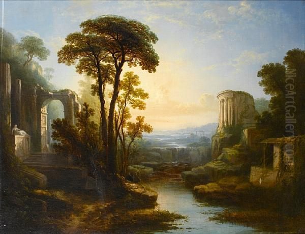 An Extensive Italianate Landscape With The Temple Of Vesta Beside A Waterfall Oil Painting by Claude Lorrain (Claude Gellee)