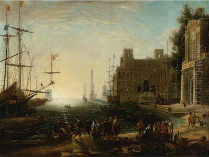 View Of A Bustling Port Oil Painting by Claude Lorrain (Claude Gellee)