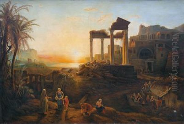 Paesaggio Classico Con Rovine E Molte Figure Oil Painting by Claude Lorrain (Claude Gellee)