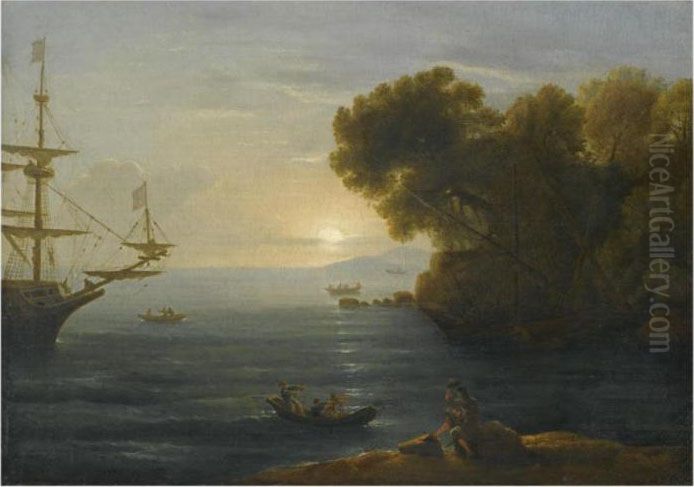 A Mediterranean Coastal Scene With An Artist Sketching In Theforeground Oil Painting by Claude Lorrain (Claude Gellee)