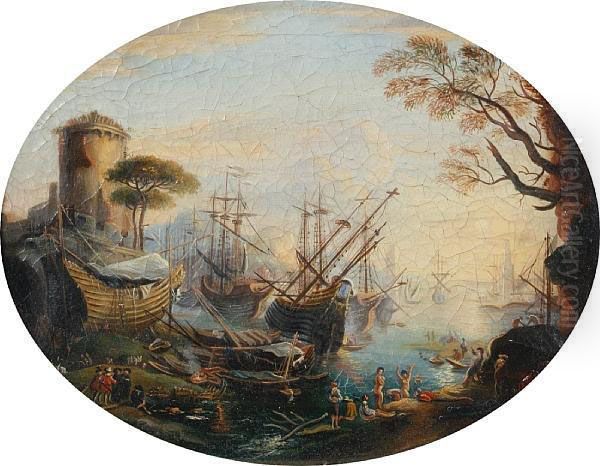 A Busy Harbour Scene Oil Painting by Claude Lorrain (Claude Gellee)