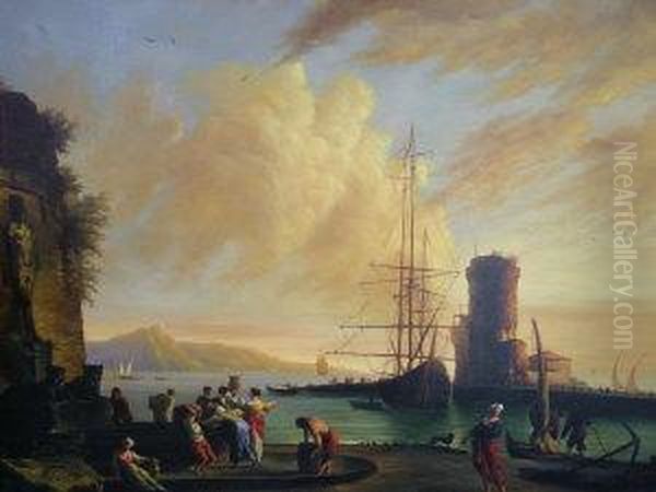 Figures In A Mediterranean Harbour At Sunset Oil Painting by Claude Lorrain (Claude Gellee)