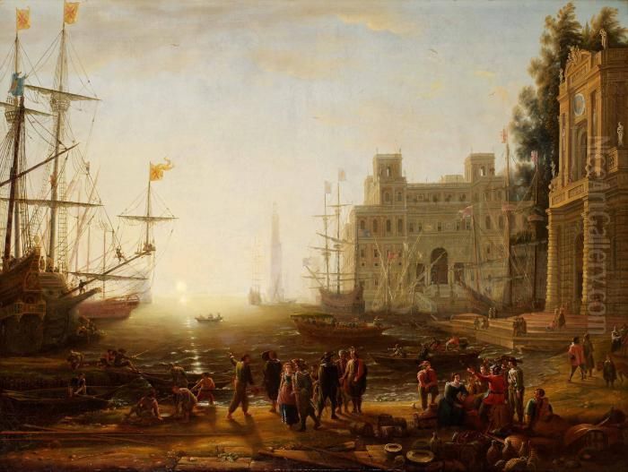 Carpriccio Med En Italiensk Hamn I Skymning Med Villa Medici Ochhandelsman Oil Painting by Claude Lorrain (Claude Gellee)