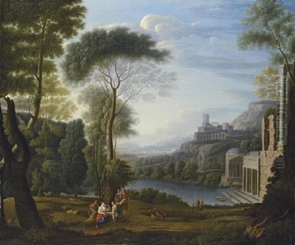 Dido And Aeneas In A Classical Landscape Oil Painting by Claude Lorrain (Claude Gellee)
