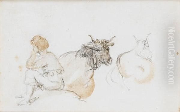 A Seated Shepherd With Two Cows Oil Painting by Claude Lorrain (Claude Gellee)