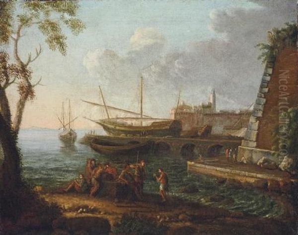 A Coastal Landscape With Fishing Boats Moored, A Town Beyond Oil Painting by Claude Lorrain (Claude Gellee)
