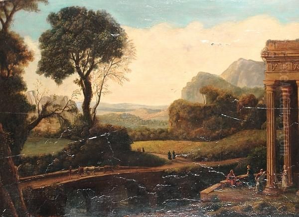 An Extensive Italianate 
Landscape With Figures Beneath A Ruined Portico And Travellers On A 
Bridge Beyond Oil Painting by Claude Lorrain (Claude Gellee)