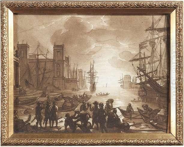 8 Bll. Aquatint, Probably By Richard Earlom After Claude Lorrain. Cut At The Edges Oil Painting by Claude Lorrain (Claude Gellee)