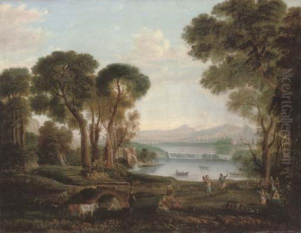 An Italianate River Landscape 
With Figures Dancing And Making Music On A Bank, A Town Beyond Oil Painting by Claude Lorrain (Claude Gellee)