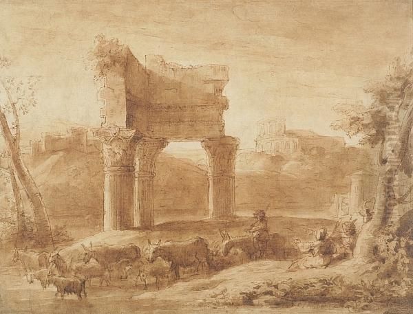 Drovers Amidst Classical Ruins Oil Painting by Claude Lorrain (Claude Gellee)