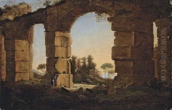 An Italianate Evening Landscape With A Shepherd And His Flock By A Ruined Aqueduct Oil Painting by Claude Lorrain (Claude Gellee)