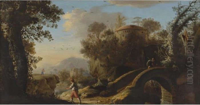 An Italianate Landscape With Figures; A Footbridge And Classical Ruins Beyond Oil Painting by Claude Lorrain (Claude Gellee)