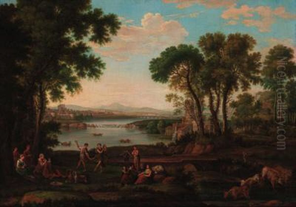 Figures Dancing In A Classical Landscape Oil Painting by Claude Lorrain (Claude Gellee)