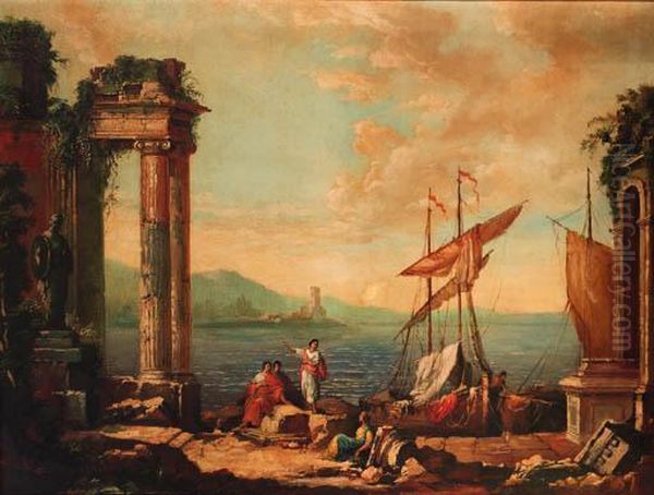 Figures Resting By A Ruined Temple On A Quay Oil Painting by Claude Lorrain (Claude Gellee)