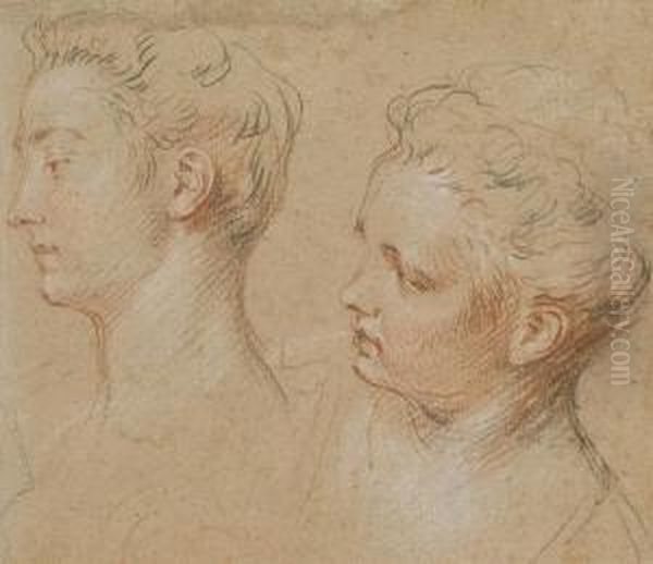 Deux Tetes De Femmes Oil Painting by Francois Lemoine (see Lemoyne)