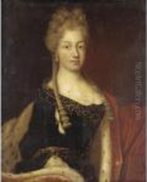 Portrait Of A Lady, Half Length,
 Wearing A Blue Dress And Ermine Gown Said To Be Maria Luisa Of Savoy 
(1688-1714) Oil Painting by Francois Lemoine (see Lemoyne)