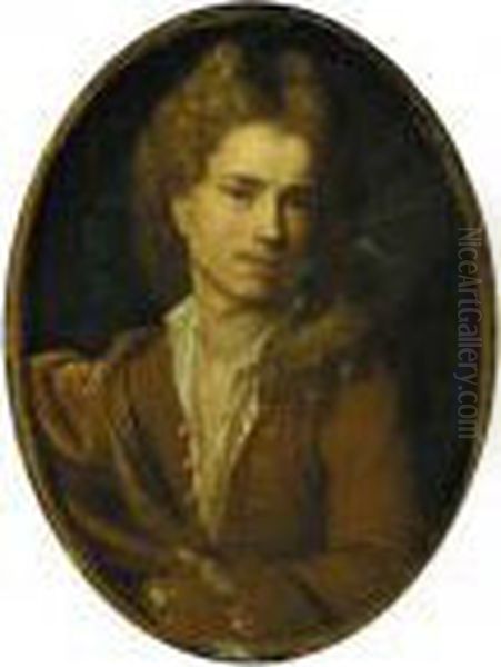 Portrait Of The Artist, 
Half-length, Wearing A Gold Embroidered Tan Frock-coat And White Shirt Oil Painting by Francois Lemoine (see Lemoyne)