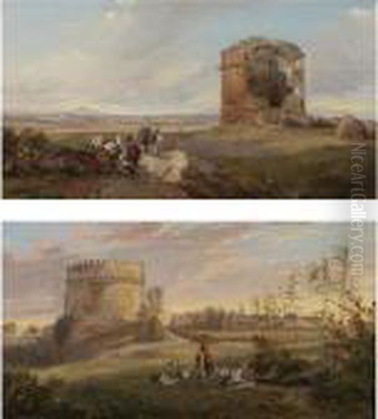 Tomb Of Cecilia Metella On The 
Via Appia, Rome And Tor Di Schiavi On The Via Labicana, Rome Oil Painting by Edward Lear