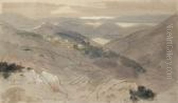 View Of Katochori, On The Island
 Of Santa Maura, Looking Over Vlikho Bay And The Island Of Scorpios, 
With The Greek Mainland Beyond, At Dawn Oil Painting by Edward Lear