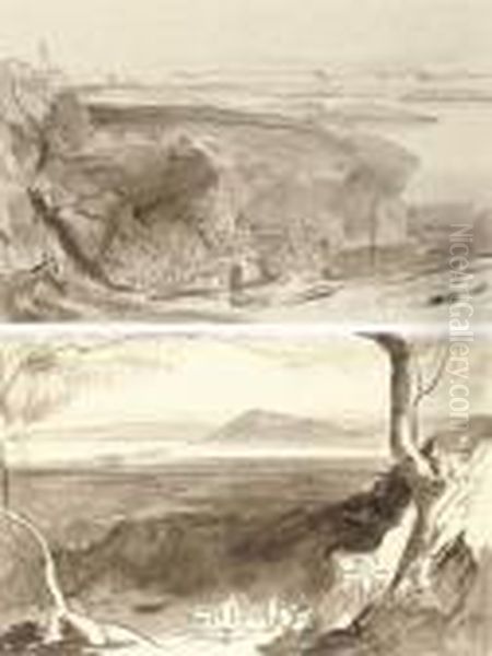 View Of Amaxichi And The Fort, 
Santa Maura; And View Of Corfu From The Benitza Road, Near Gastouri, 
Corfu Oil Painting by Edward Lear