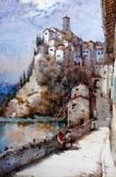 Continental Hilltop Village By A River With Figures On A Bridge Before Oil Painting by Noel Harry Leaver