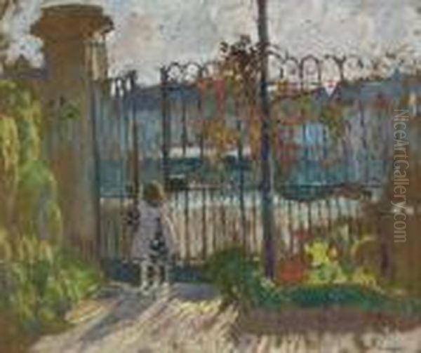 Lagny, Nono A La Grille Du Jardin Oil Painting by Henri Lebasque