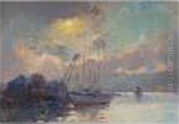 Environs De Rouen, Soleil 
Couchant, Signed; Titled On The Stretcher, Oil On Canvas, 46 By 65 Cm., 
18 1/8 By 25 1/2 In Oil Painting by Albert Lebourg