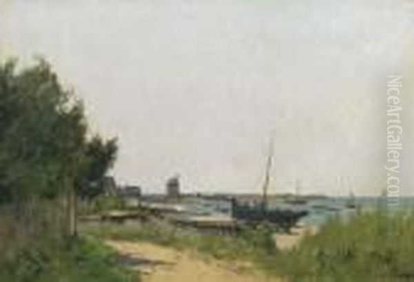 Vue D'un Navire Sur La Plage Oil Painting by Paul Lecomte