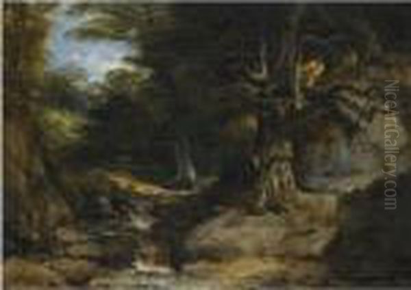 Deer And Hunters In A Wooded Landscape Oil Painting by Frederick Richard Lee, R.A.