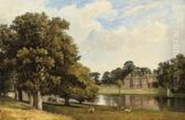 Grazing Deer Before Chilston Park, Kent Oil Painting by Frederick Richard Lee, R.A.
