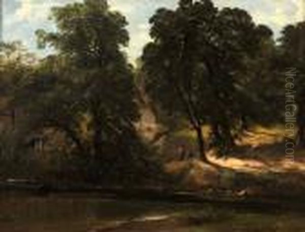 Two Figures On A River Bank By A Cottage Oil Painting by Frederick Richard Lee, R.A.