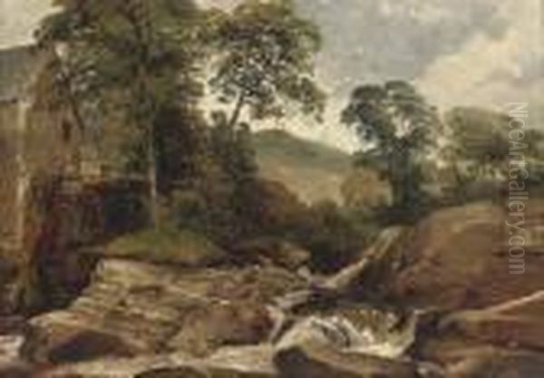 River Landscape With An Overshot Mill Oil Painting by Frederick Richard Lee, R.A.