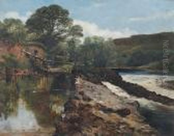 Figure Crossing A Bridge Oil Painting by Frederick Richard Lee, R.A.