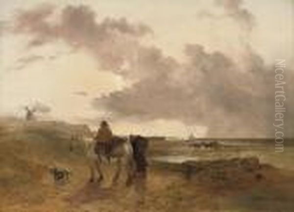 Figures And Horses On A Beach Oil Painting by Frederick Richard Lee, R.A.