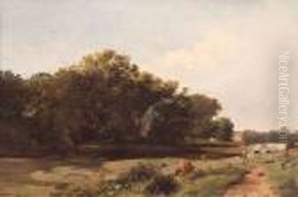 Figures Seated On A Riverbank With Further Figure And Dog Beyond Oil Painting by Frederick Richard Lee, R.A.