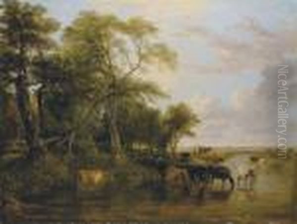 A Woody River Scene, With Cows Watering Oil Painting by Frederick Richard Lee, R.A.