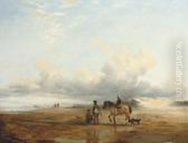 A Distant View Of Dunbar Castle - Sportsmen Returning With The Day's Bag Oil Painting by Frederick Richard Lee, R.A.