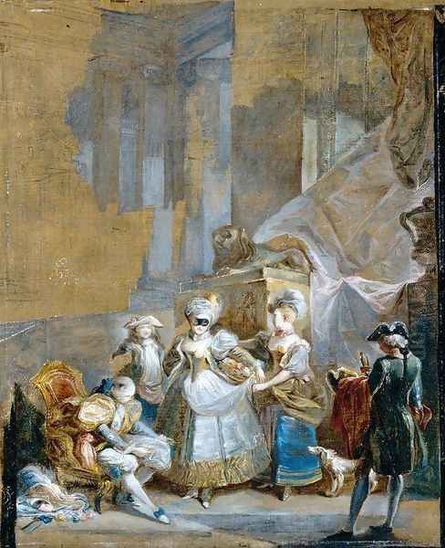 Elegant Company Preparing for a Masked Ball 1770s Oil Painting by Luis Paret Y Alczar