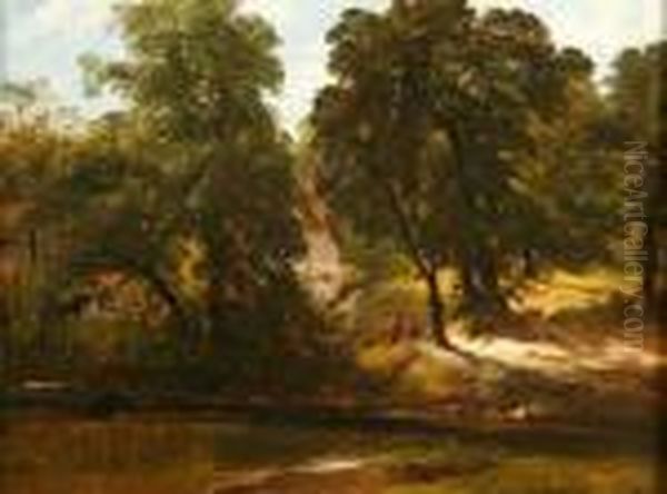 Panel Twofigures On A Riverbank By A Cottage Oil Painting by Frederick Richard Lee, R.A.
