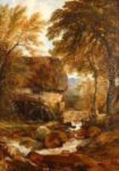Scene With Watermill And Figures On A Bridge Indistance Oil Painting by Frederick Richard Lee, R.A.