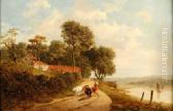 Droverwith Cattle On A Riverside Path With Mill Beyond Oil Painting by Frederick Richard Lee, R.A.