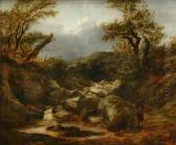 An Angler Ina Rocky River Landscape Oil Painting by Frederick Richard Lee, R.A.