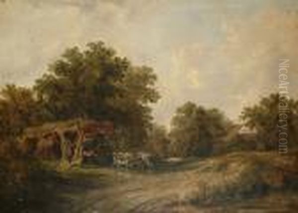Cattle By A Bivouac Oil Painting by Frederick Richard Lee, R.A.