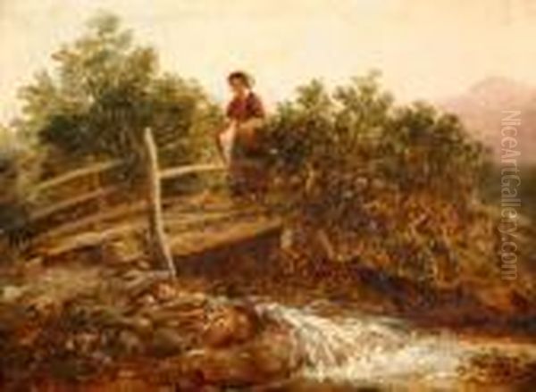 Young Woman Crossing A Bridge Over A Stream Oil Painting by Frederick Richard Lee, R.A.