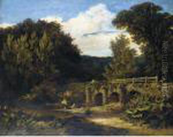 Men Fishing In A River Landscape By A Bridge Oil Painting by Frederick Richard Lee, R.A.