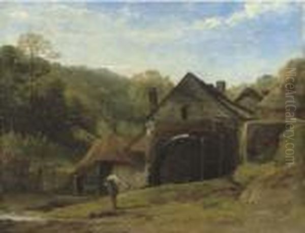 An Overshot Mill In A Wooded Landscape With A Figure In Theforeground Oil Painting by Frederick Richard Lee, R.A.