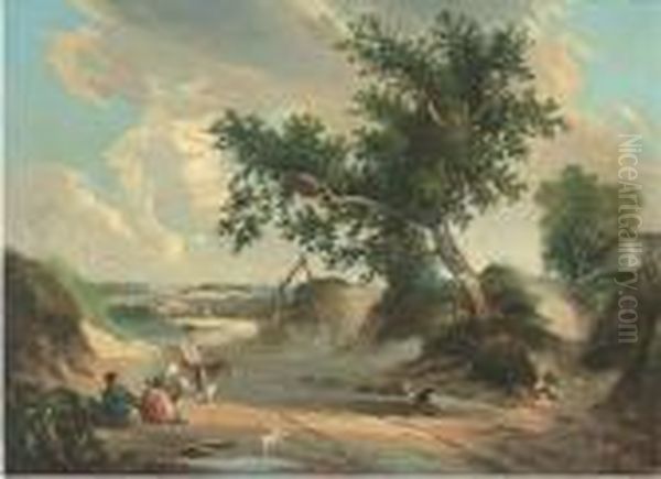 Figures Resting By A Country Path Oil Painting by Frederick Richard Lee, R.A.