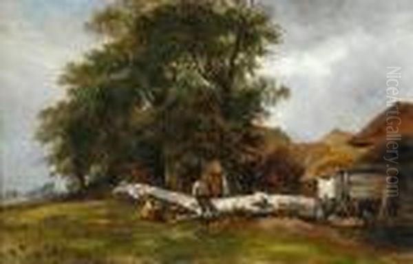 Resting On A Fallen Tree By The Farmyard Oil Painting by Frederick Richard Lee, R.A.